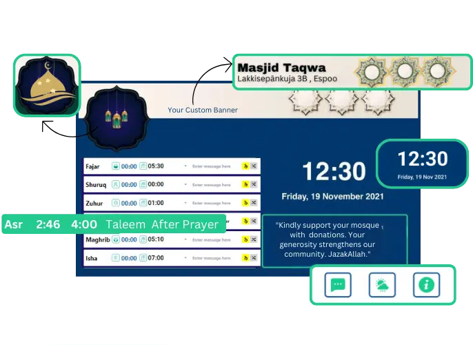 Core features of masjid panel icluding prayer times, widgets and digital clock